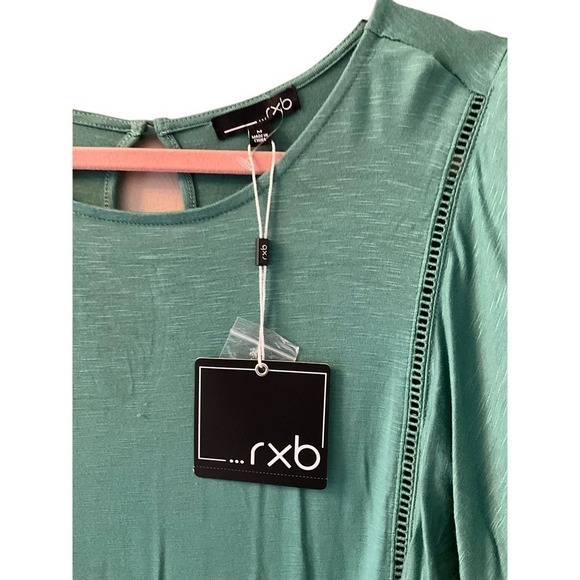 RXB Peplum Blouse Women's M Green Short Ruffle Sleeve Round Neck Rayon Stretch - Picture 3 of 7